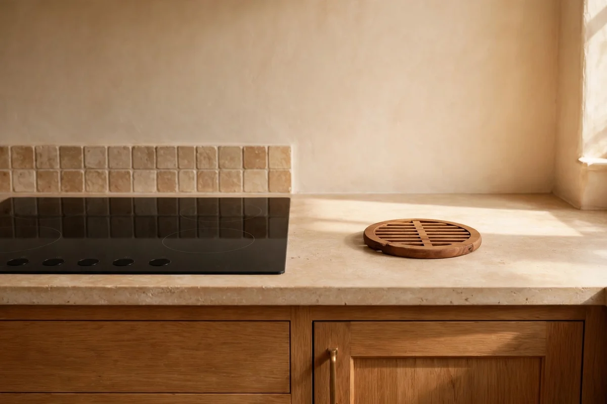 A clear stretch of kitchen counter beside the hob holding only a wooden trivet, ready for hot pans.