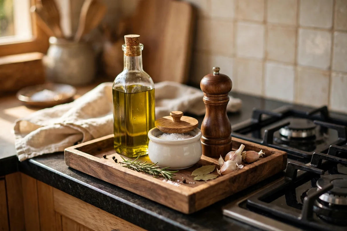 A wooden tray beside the hob holding olive oil, salt cellar and pepper in a tidy cooking cluster.