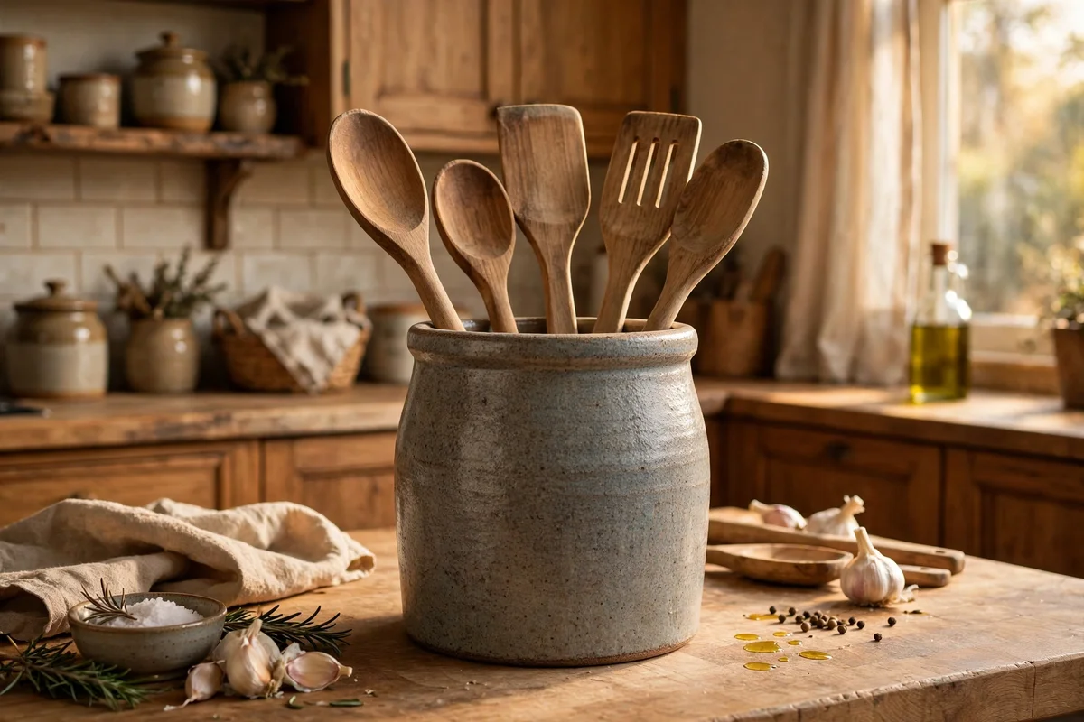 A stoneware crock filled with wooden spoons and spatulas beside the hob on a kitchen counter.