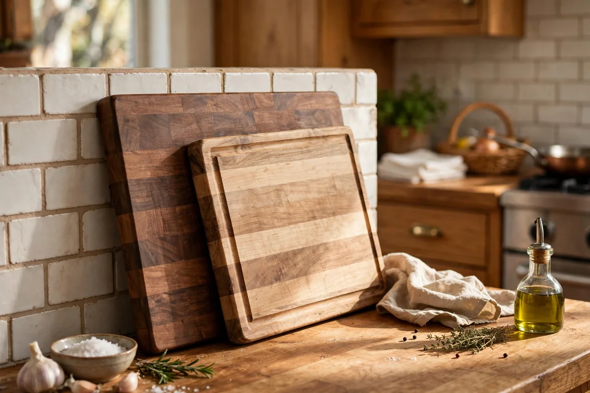 Layered wooden chopping boards in beech and walnut leaning against a kitchen splashback.