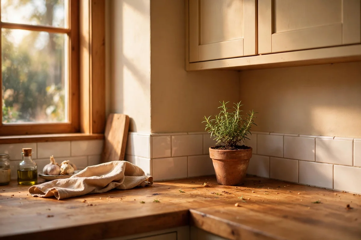 A single small potted herb in a terracotta pot sitting in the back corner of a kitchen worktop.