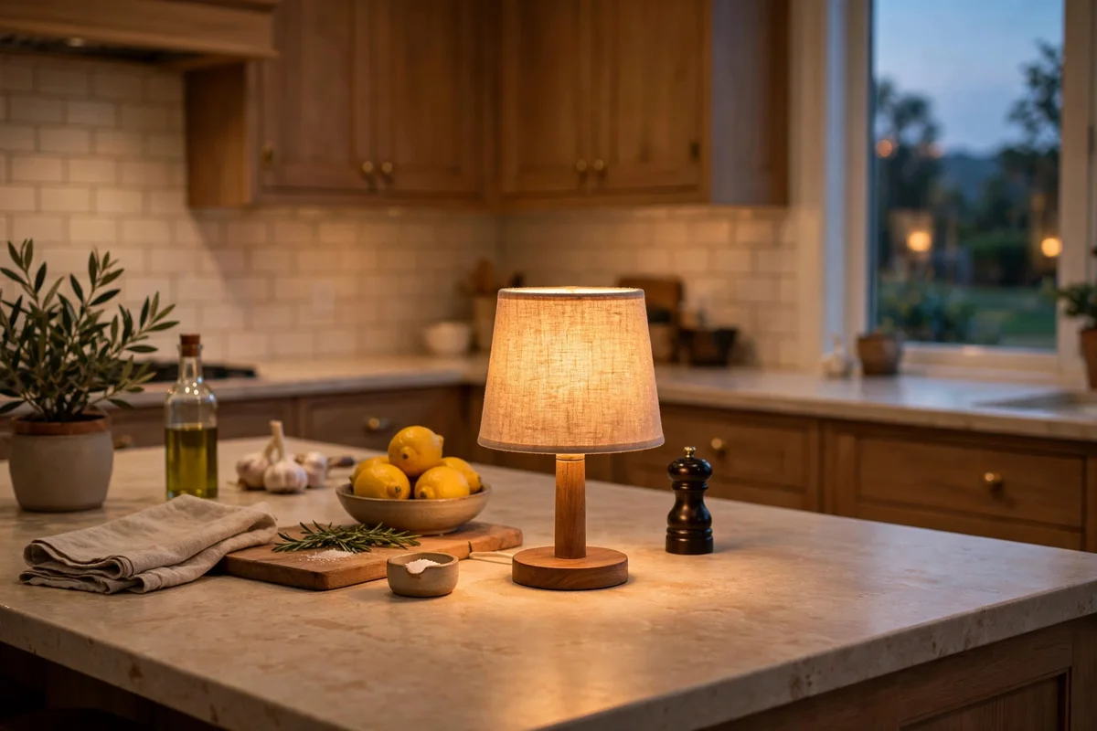 A small lamp with a linen shade glowing softly at the far end of a wide kitchen counter in the evening.