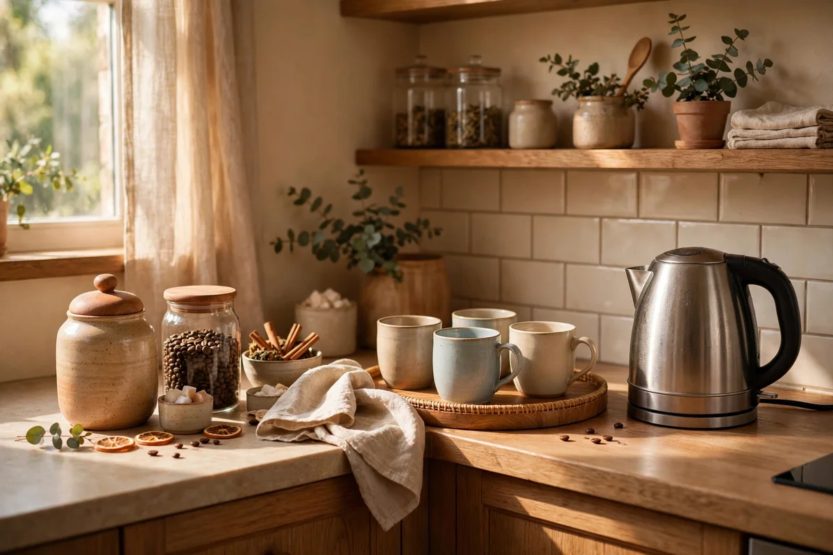A compact tea and coffee corner on the kitchen counter with kettle, mugs on a tray and a tea jar.
