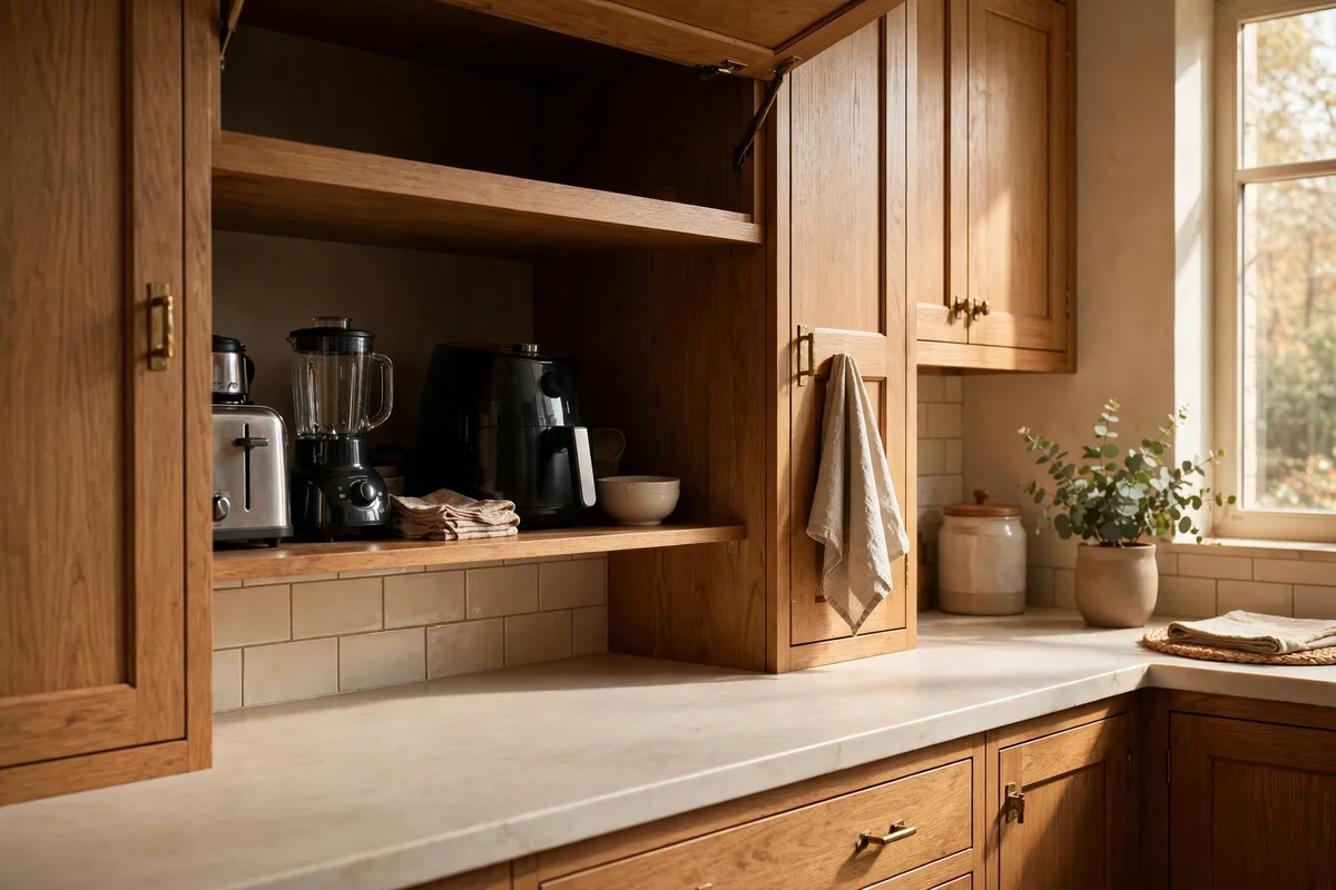 A kitchen counter kept clear of appliances, with a toaster and blender stored on a deep cupboard shelf.