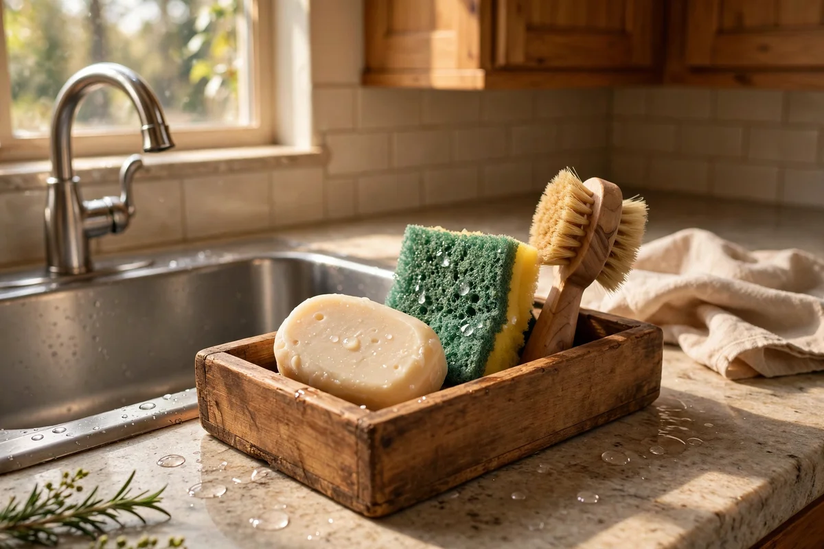 A wooden tray by the kitchen sink holding soap dispenser, sponge and dish brush in a tidy group.