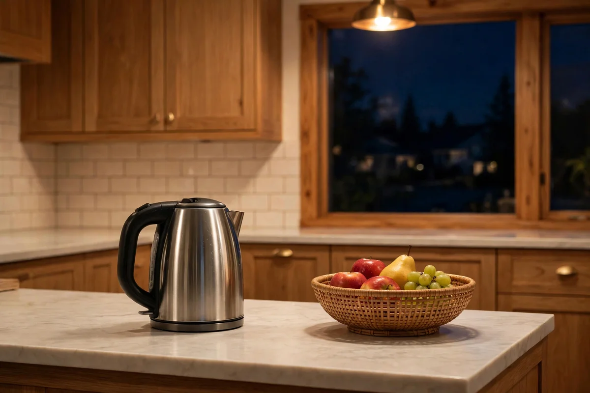 A nearly clear kitchen counter at night with only a kettle and a fruit bowl left out.