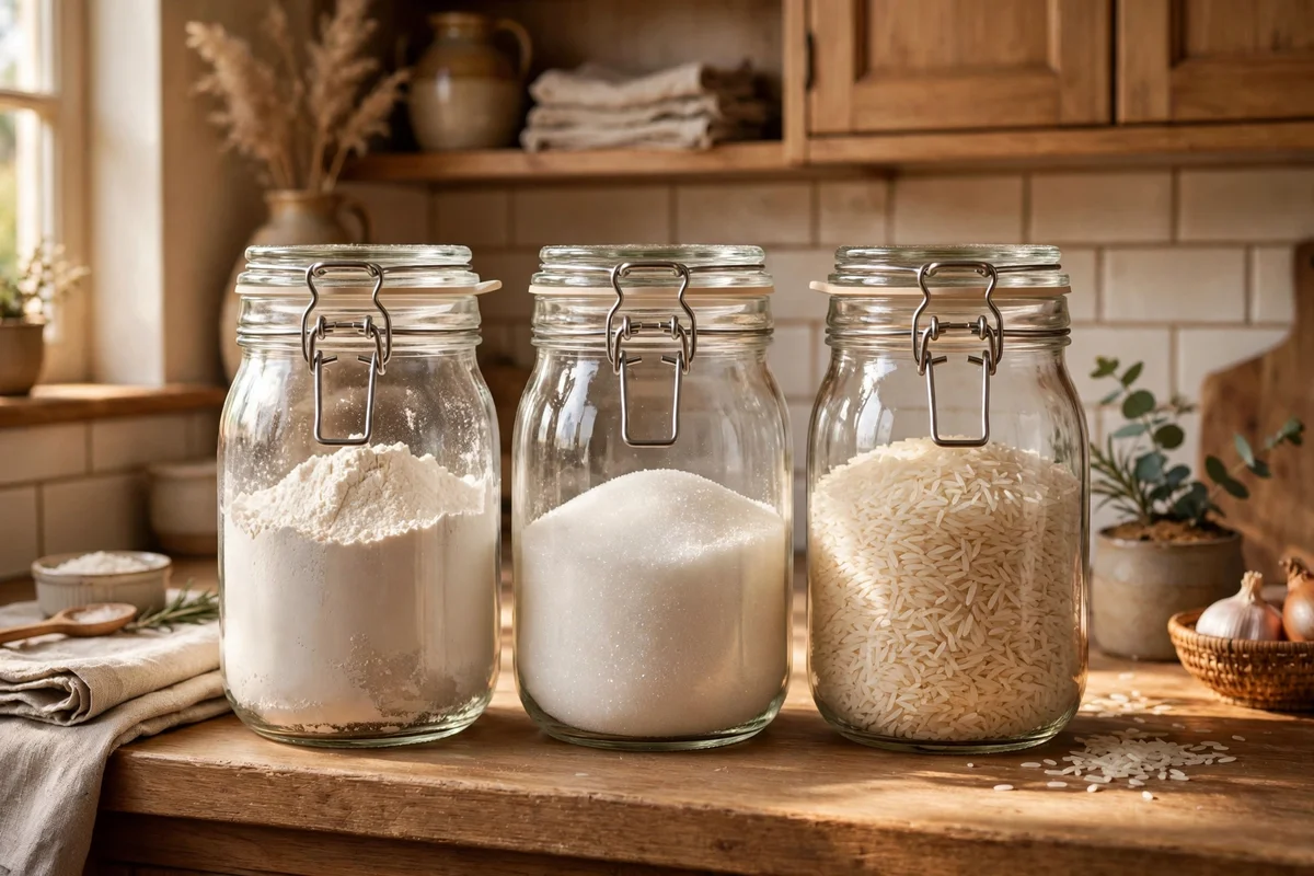 Matching glass jars of flour, sugar and rice lined along the back edge of a kitchen worktop.