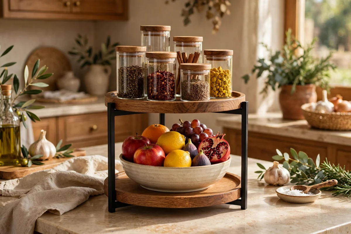 A two-tier stand on the kitchen counter holding fruit below and small spice jars above.