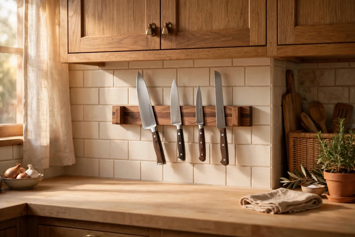 Knives stored on a wooden magnetic strip on the wall above a clear kitchen prep zone.
