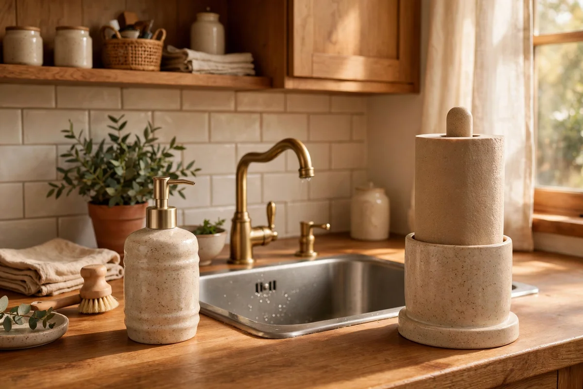 A matched stoneware soap dispenser and paper towel holder set beside the kitchen sink.