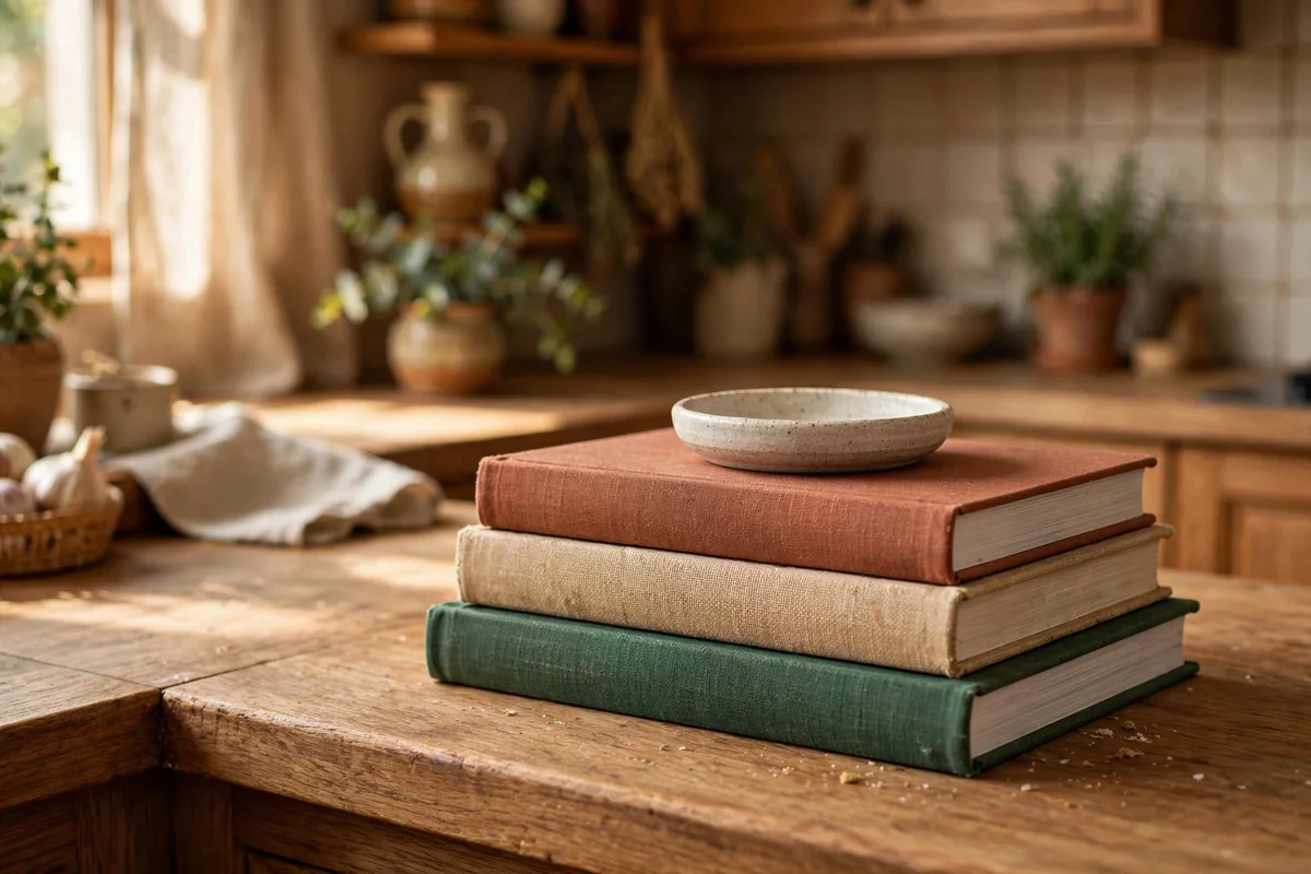 A small stack of cookbooks topped with a ceramic dish at the far end of a kitchen counter.
