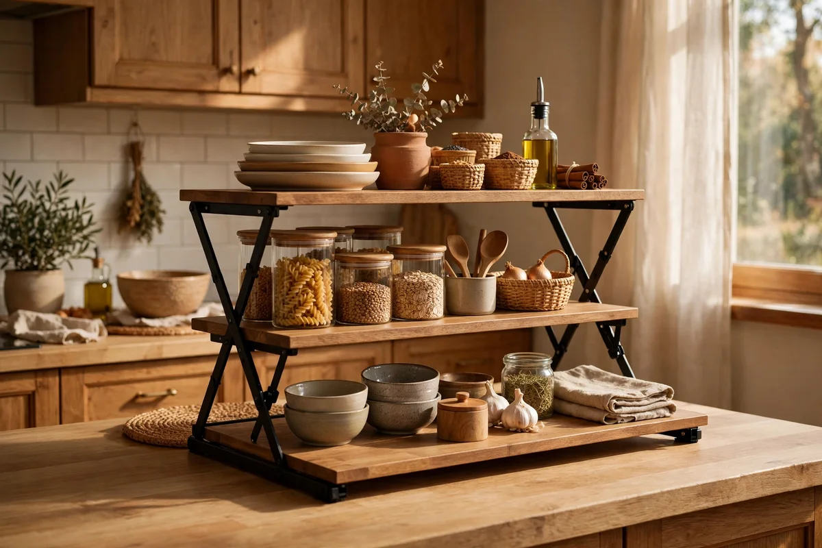 A small wooden shelf riser on the kitchen counter holding jars and a tiny plant in two levels.