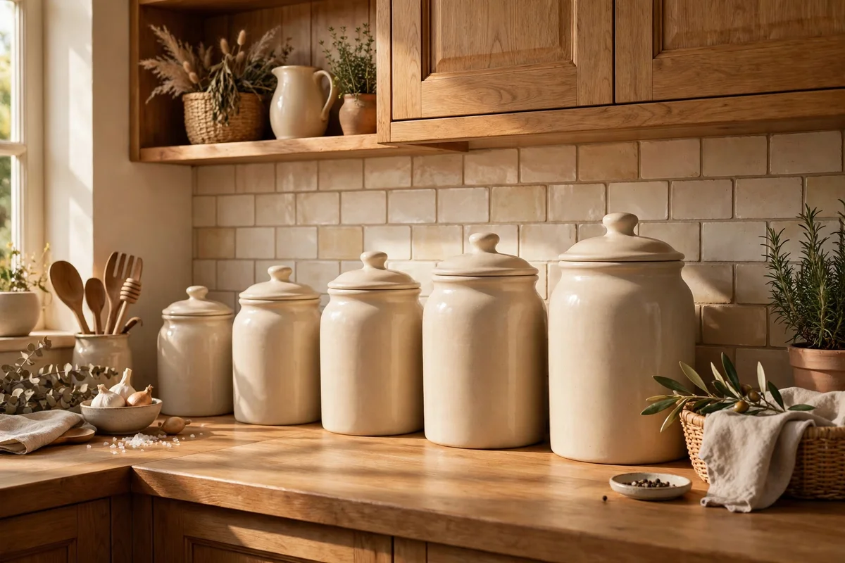 A row of four uniform ceramic canisters graduated in size along the back of a kitchen counter.