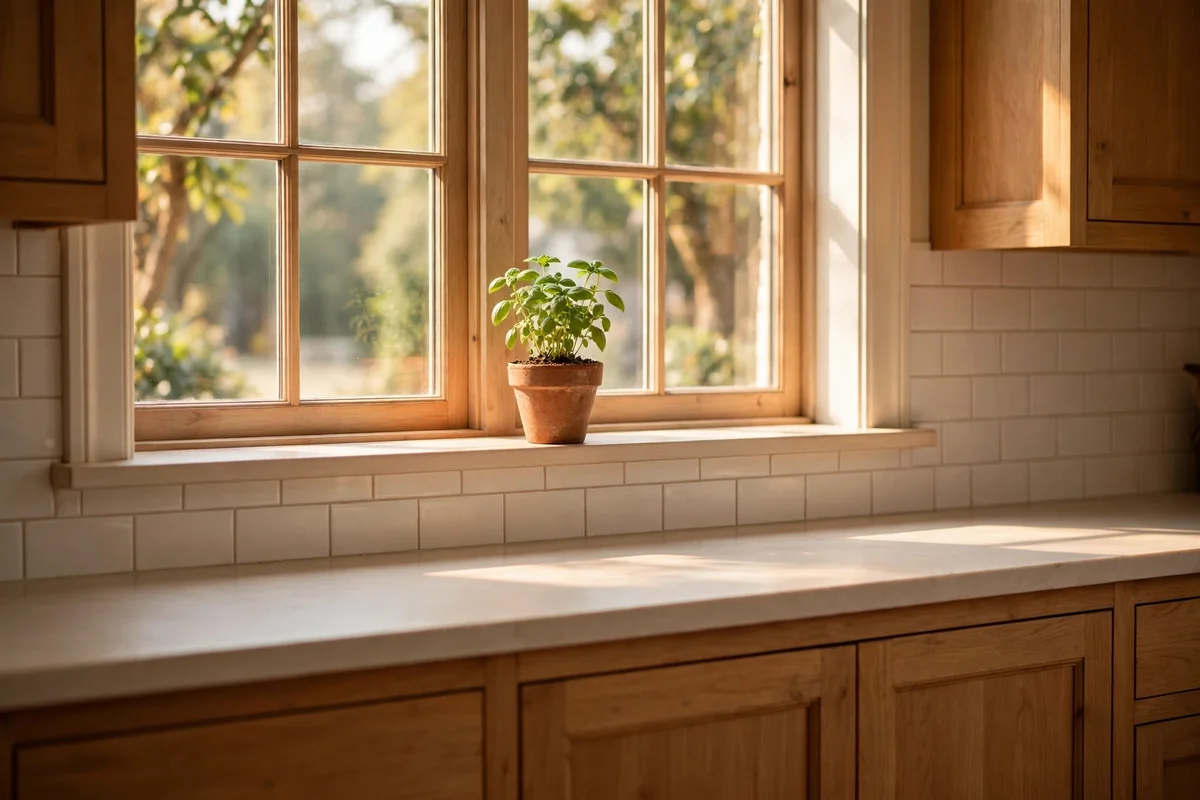 A single small basil pot on a clear kitchen window sill above the worktop.