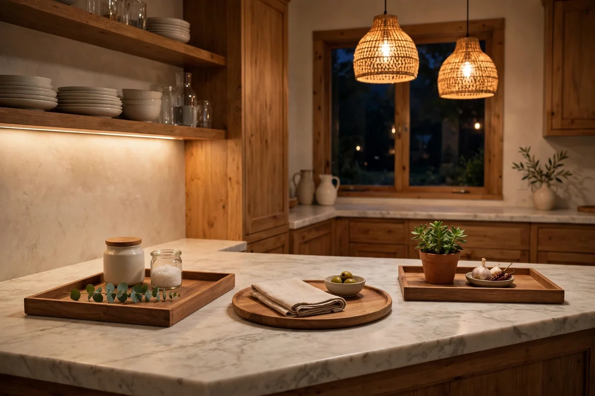 A calm, clear kitchen counter at night after a quick wipe down, trays and crock in place.