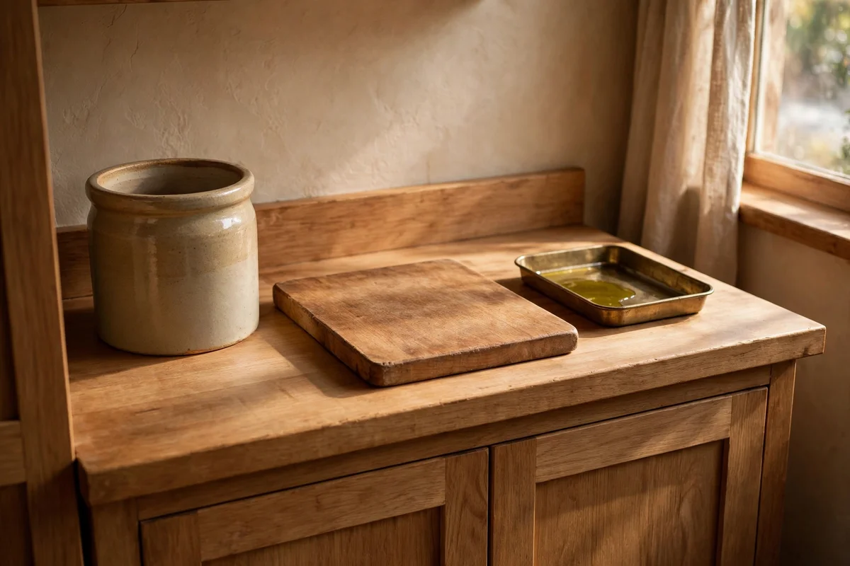 A small single-run kitchen worktop with just a crock, one board and an oil tray, neatly arranged.