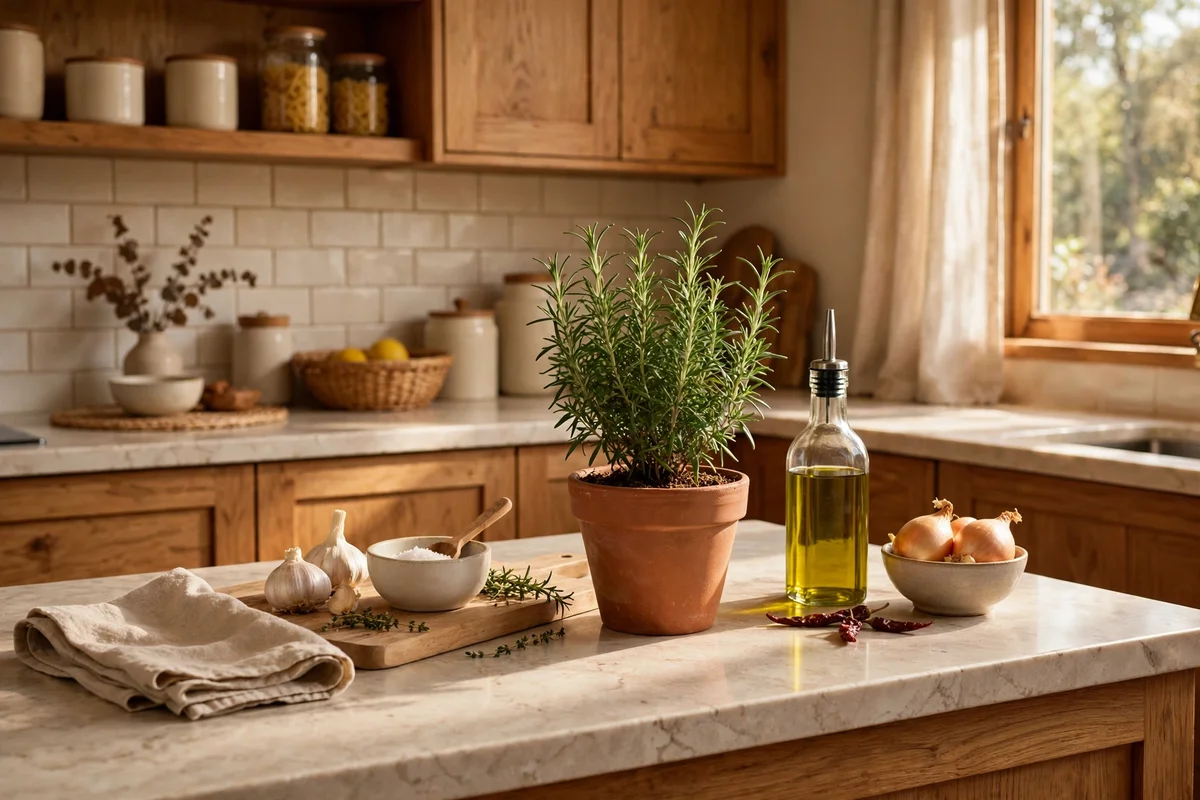 A kitchen counter refreshed with a new potted herb on the same tray and crock arrangement.