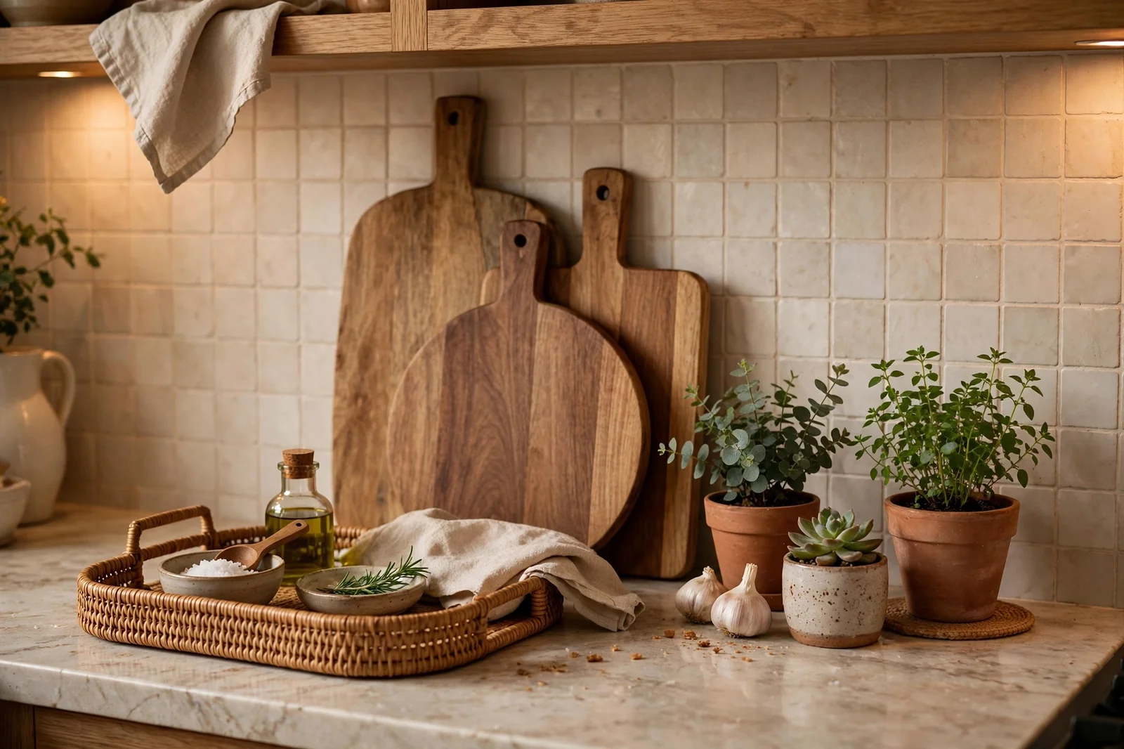 Styled kitchen countertop with tray, cutting boards and plants