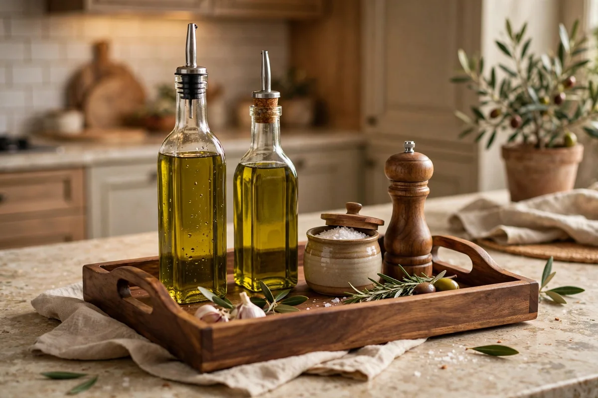 Decorative tray grouping items on kitchen counter