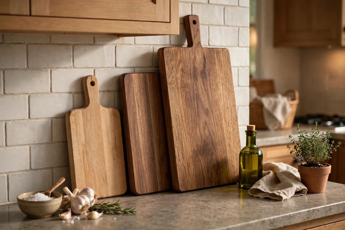 Wooden cutting boards displayed on kitchen counter