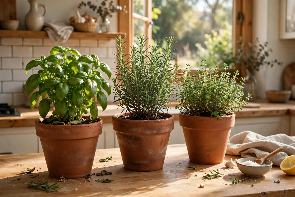 Fresh herbs in pots on kitchen counter
