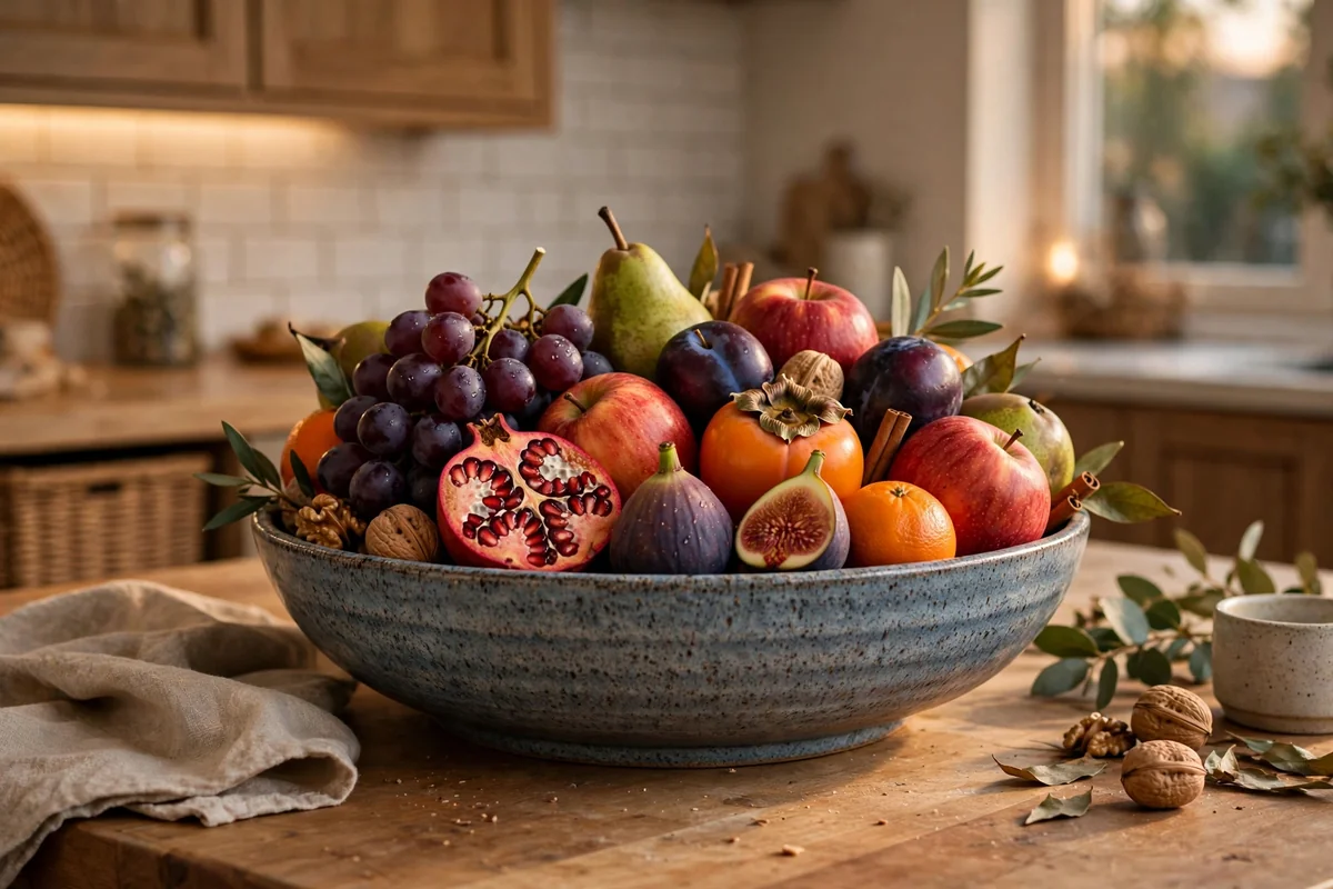 Stylish fruit bowl on kitchen counter