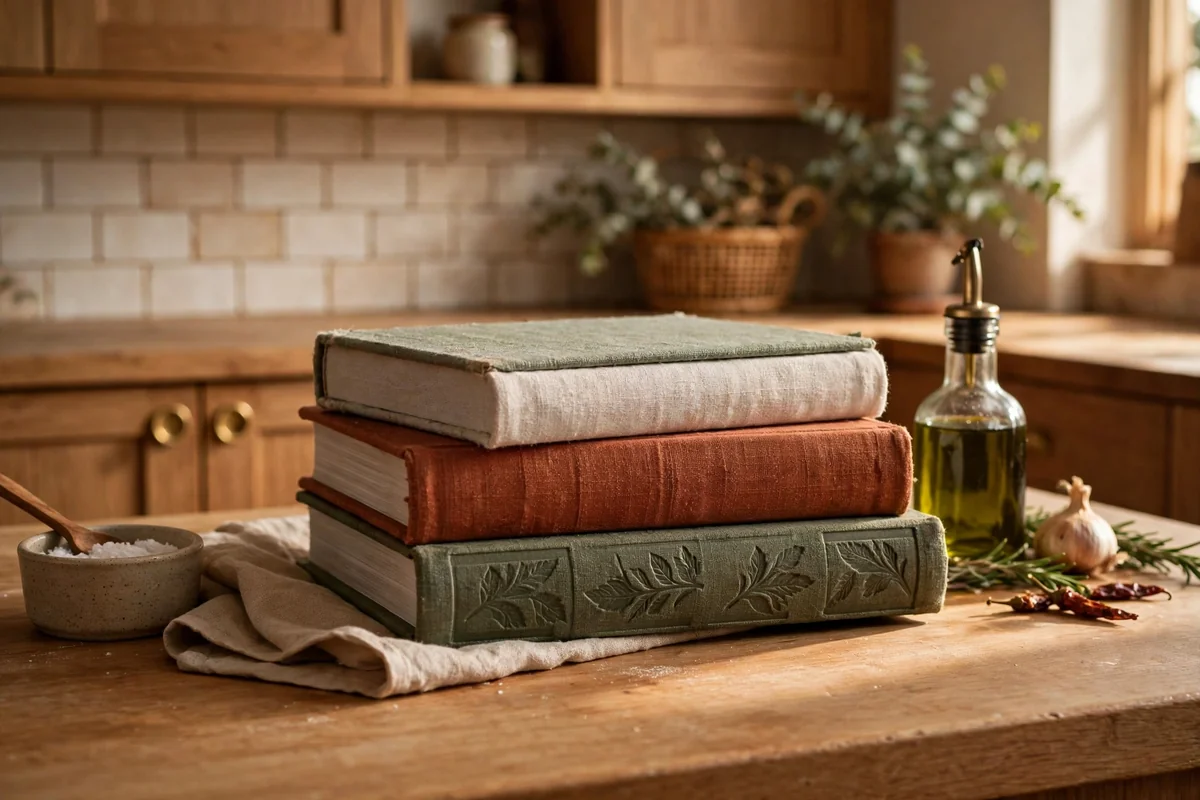 Cookbooks displayed on kitchen counter