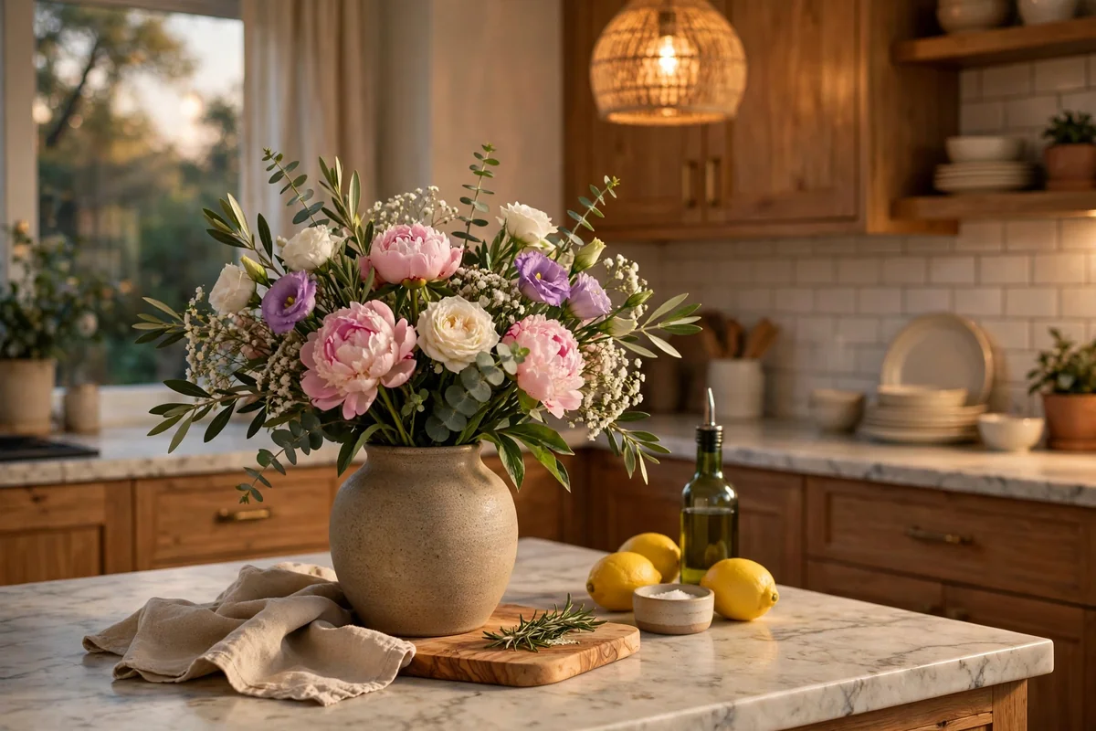 Vase with fresh flowers on kitchen counter