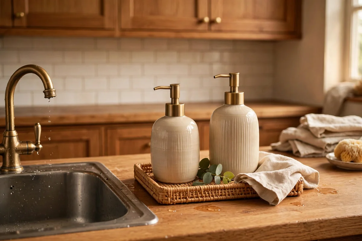Stylish soap dispenser on kitchen counter