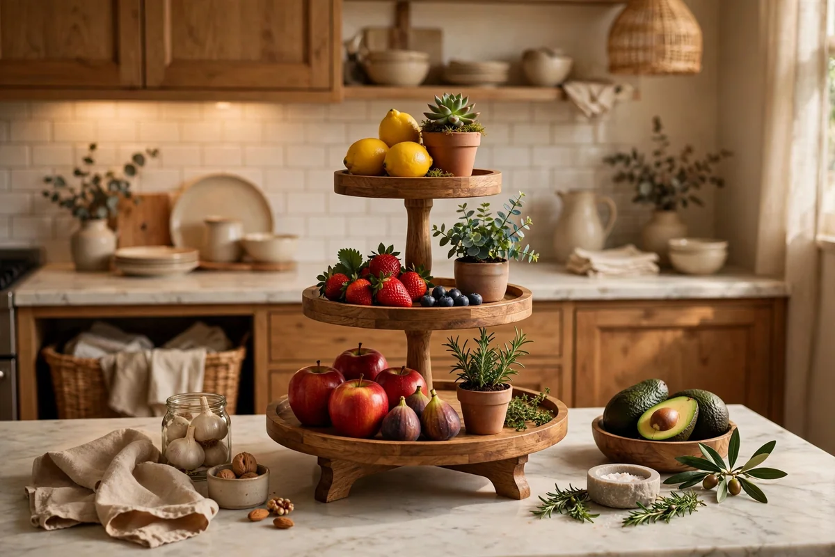 Tiered stand with items on kitchen counter
