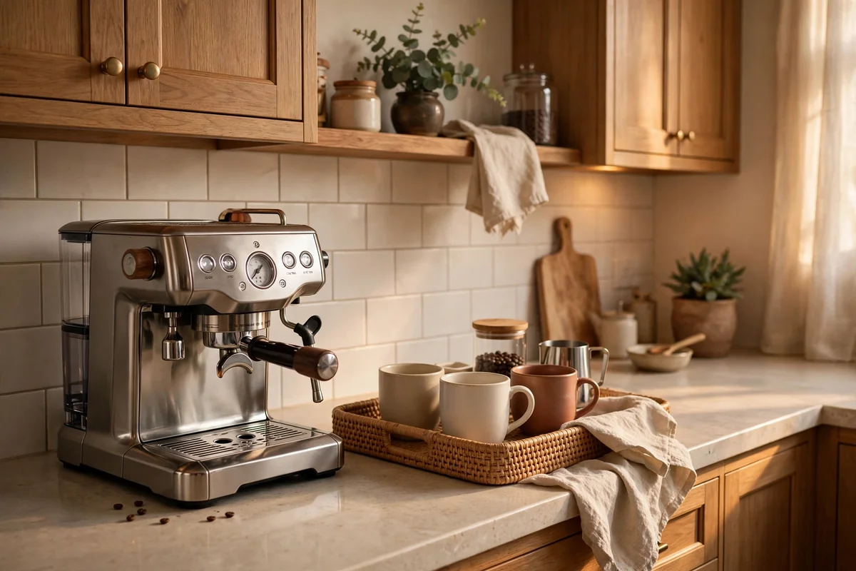 Tidy coffee station on kitchen counter