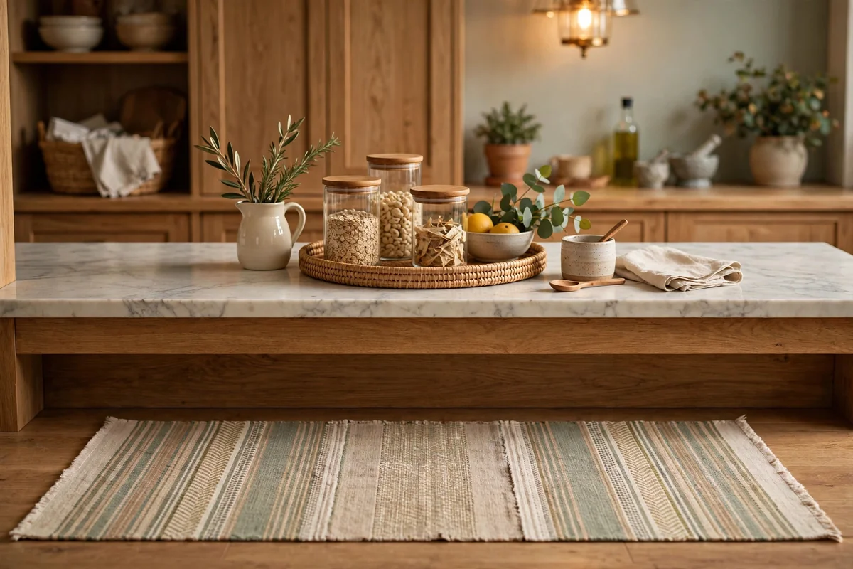 Runner under countertop display in kitchen