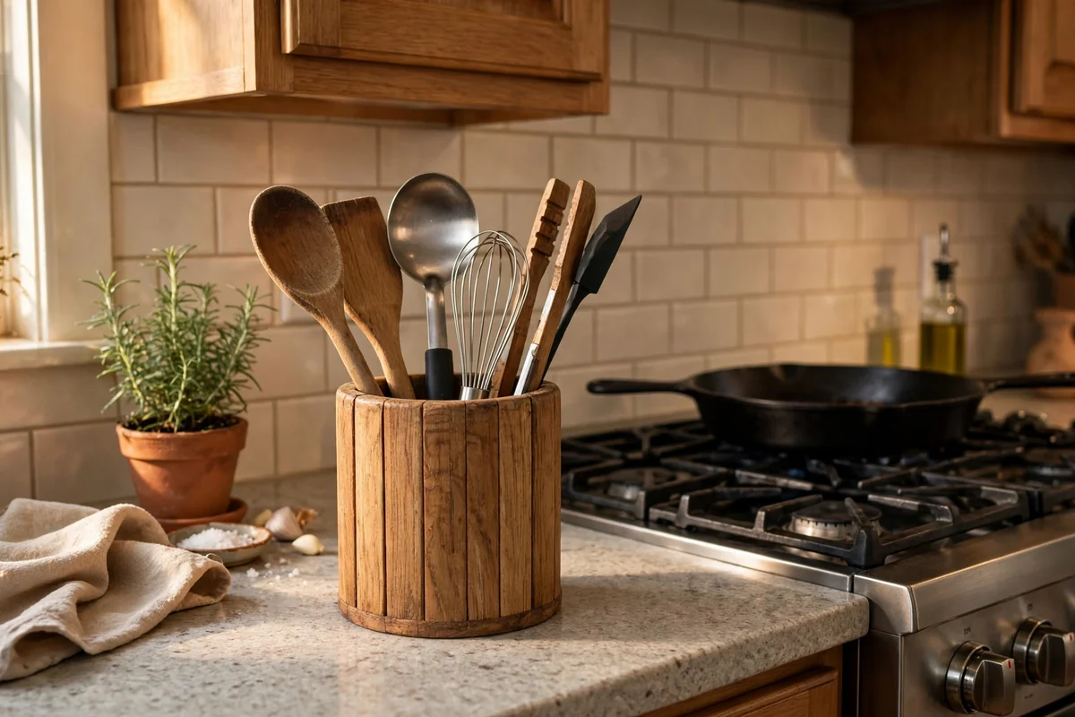 Wooden utensil holder on kitchen counter