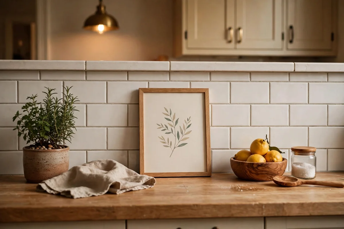 Small art leaning on kitchen backsplash