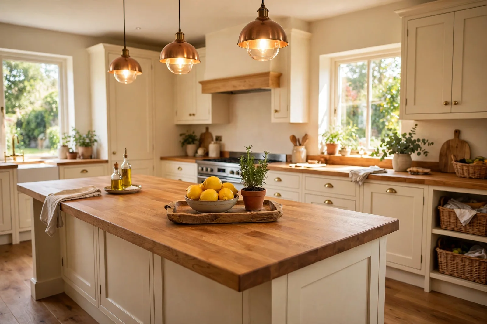 Kitchen island styled with a wooden tray, bowl of lemons and herb pot under warm pendant lights