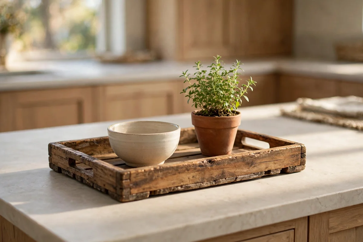 A low wooden tray styling zone on a kitchen island, keeping most of the worktop clear