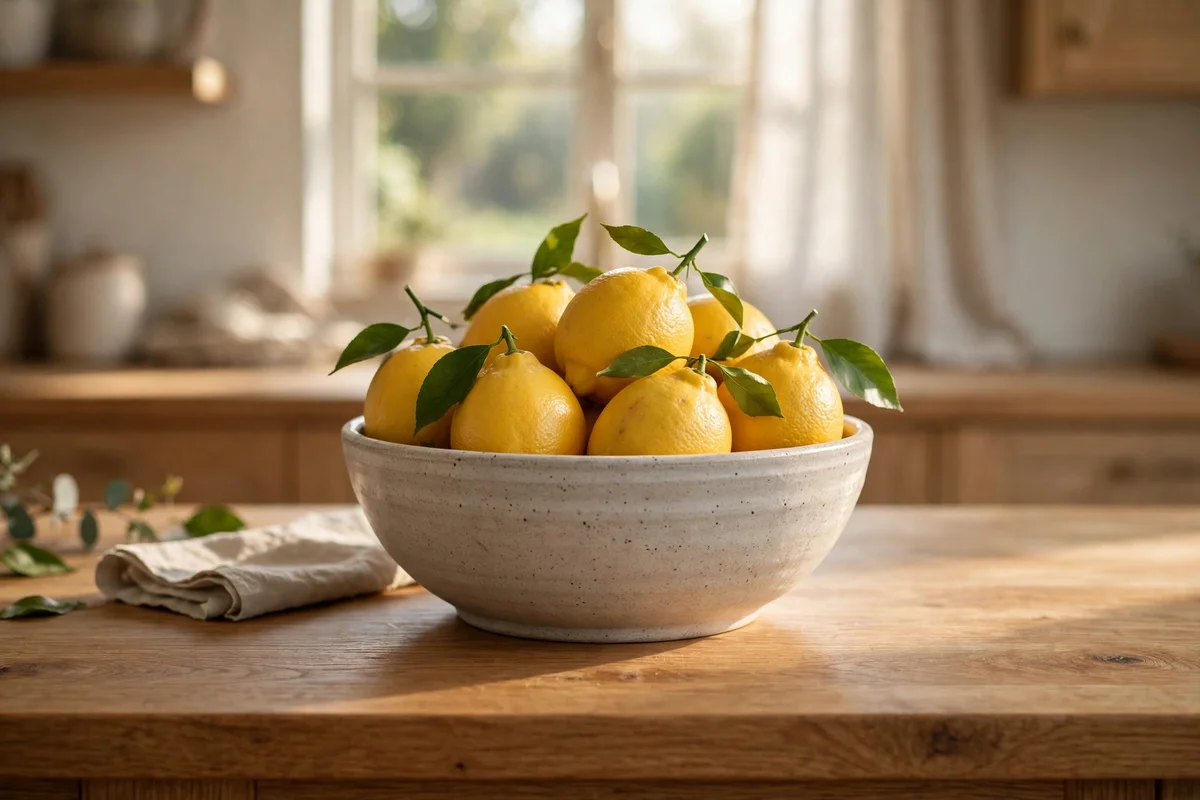 Ceramic bowl of fresh lemons as the everyday island centrepiece