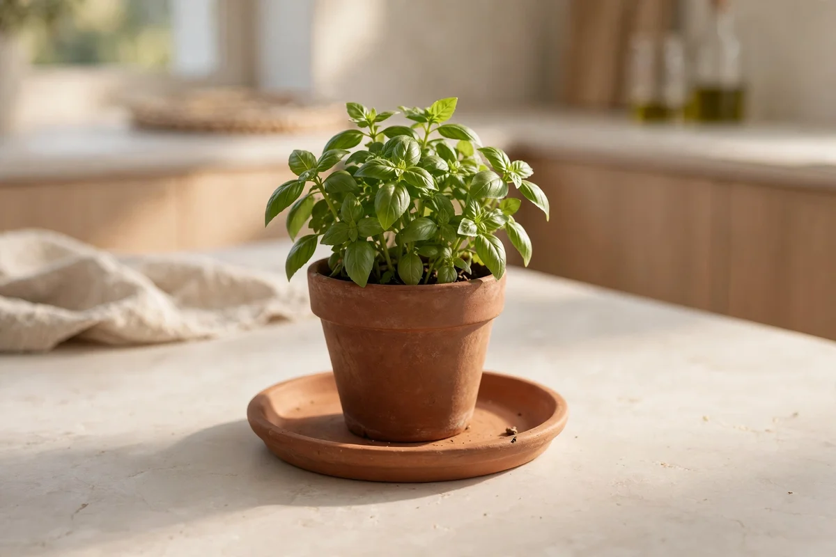 Small potted basil as the living focal point on a kitchen island