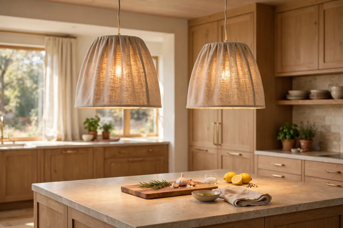 Pendant lights hung at the right height above a kitchen island