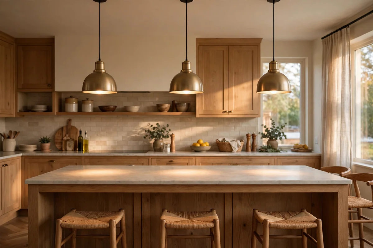 Evenly spaced pendant lights above a long kitchen island