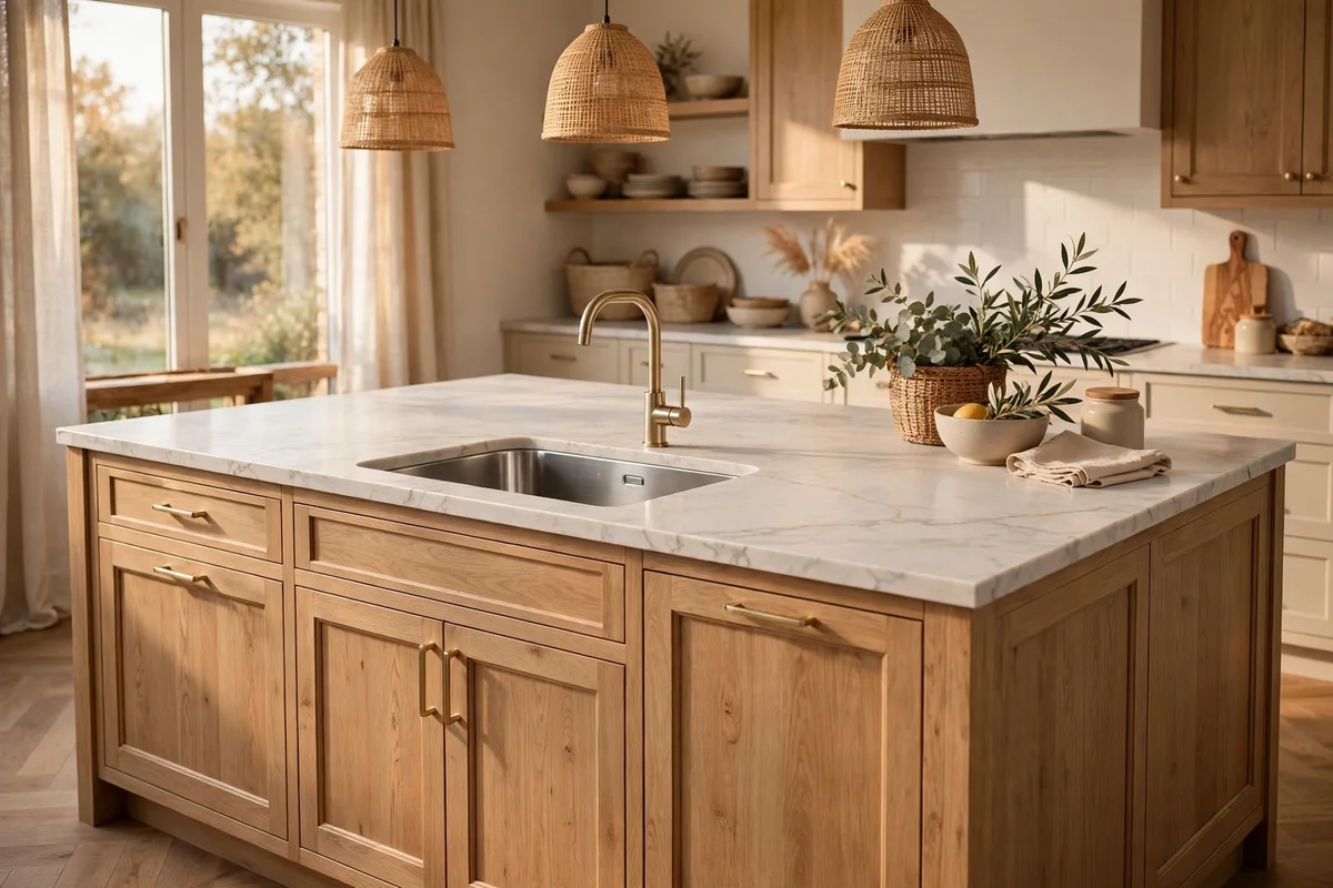 Clear worktop around an island sink with styling kept away