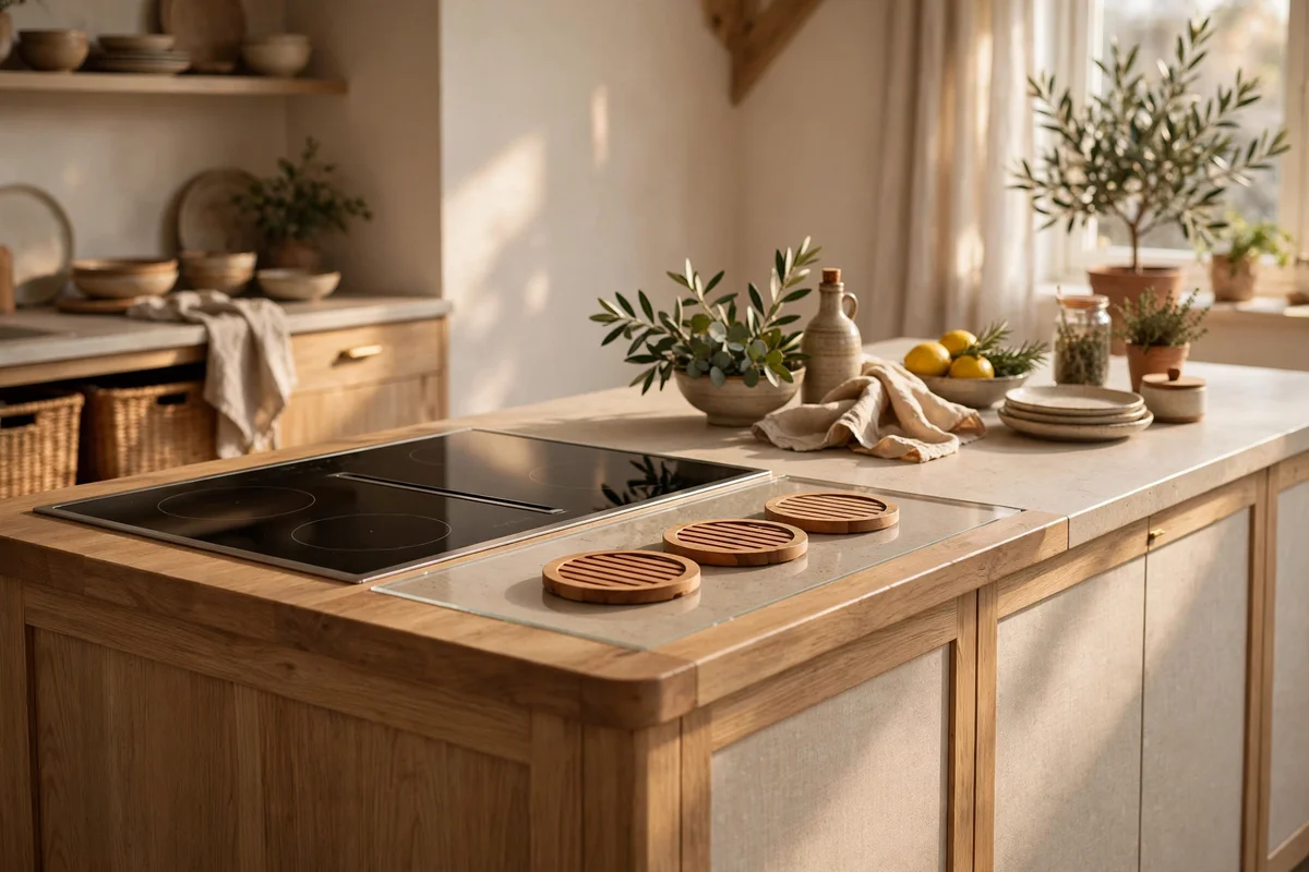Clear landing strip beside an island hob with trivets nearby