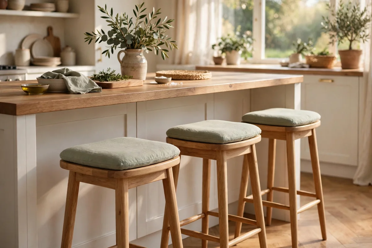 Island stools dressed with plain washable cushions
