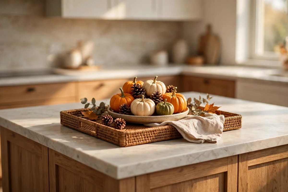 Seasonal autumn centrepiece of mini pumpkins on the island