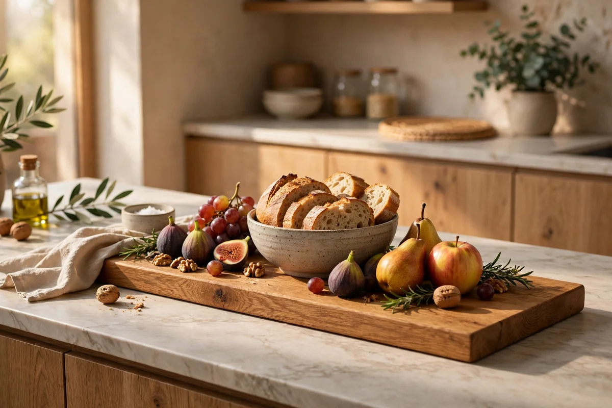 Long wooden board styled as both decor and server