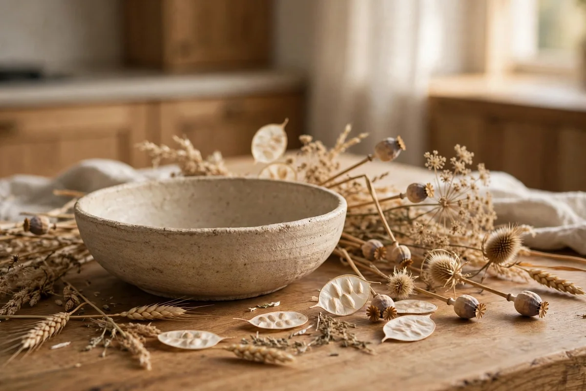 Low stoneware bowl anchoring the island styling