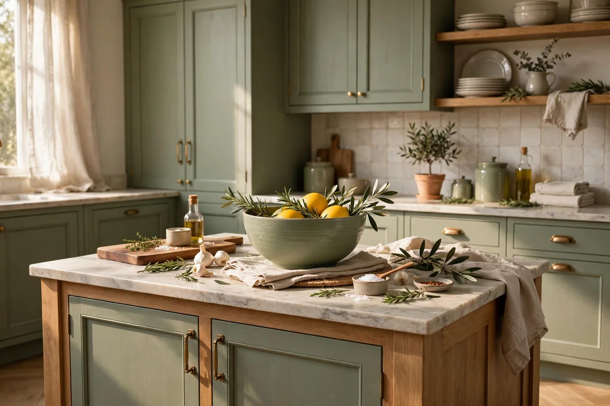 Island styling repeating the kitchen cabinet colour