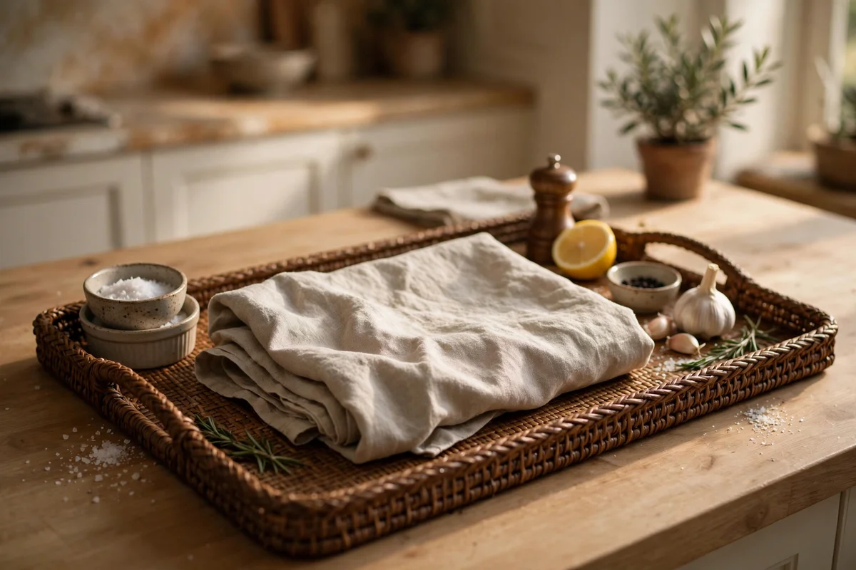 Folded cloth protecting the styling tray on cooking days