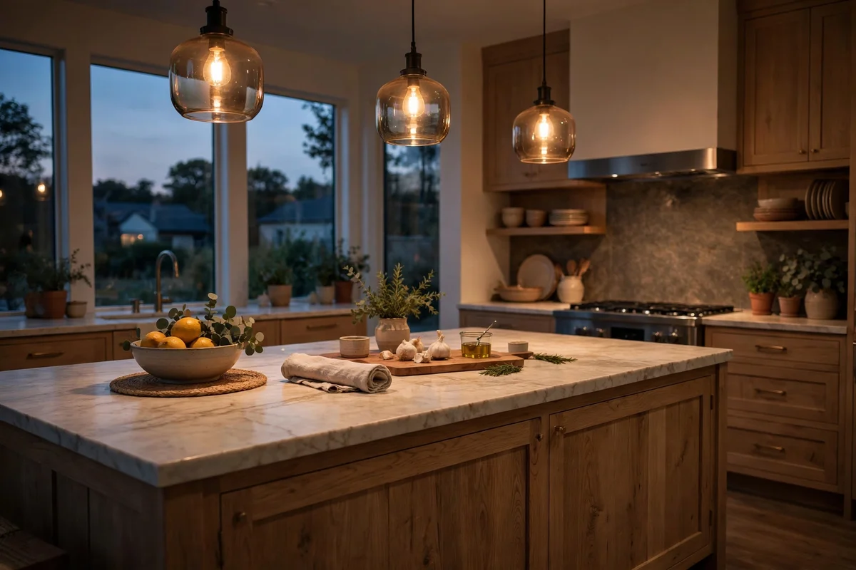 Island glowing under warm pendant light after dark