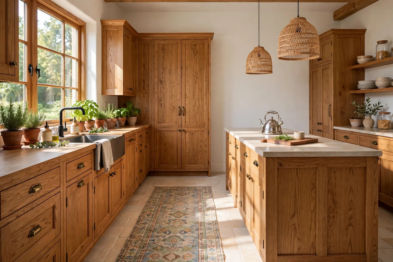 Bright kitchen with a long patterned runner rug from the sink to the island in warm morning light